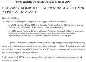 UCHWAŁY KOMISJI DO SPRAW NAGŁYCH PZPN Z DNIA 27.02.2022 R.